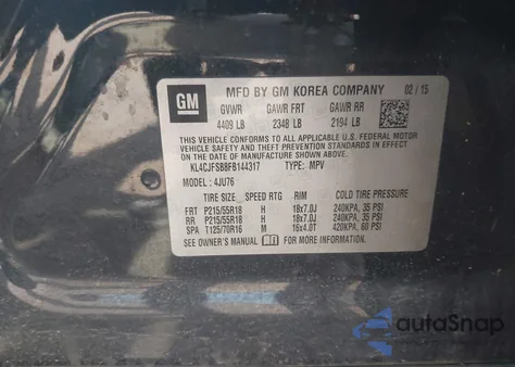 2015 Buick Encore Convenience z USA, uszkodzony, nr VIN KL4CJFSB8FB144317